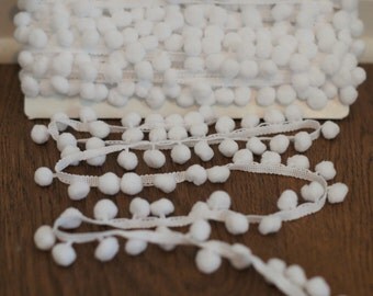 White Pom-Pom Fringe | 1 inch | Large Pom Garland | Bright White Decorative Trim | by the yard