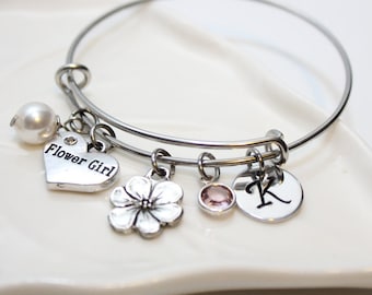 flower girl bracelet, flower girl bangle, flower girl jewelry, flower girl initial bracelet, flower girl gift, flower girl wedding jewelry