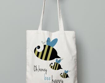 Bee happy, Bee bag, Canvas tote bag, Printed tote bag, school tote bag, Shopping Bag, Reusable Bag, tote bag cotton, Gifts for teen girls