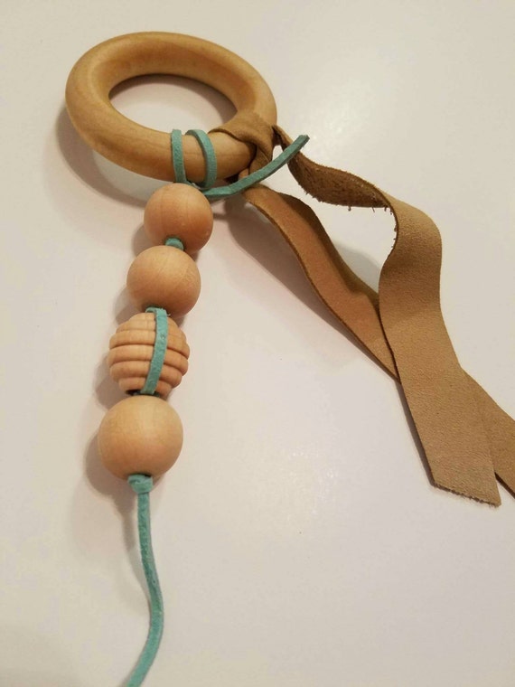 Leather Teether/ Wood Teether/ Sensory Toy/ Natural