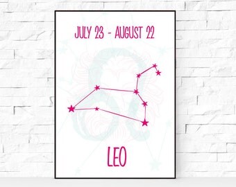 Printable Leo constellation art Zodiac Leo print Astrology wall art Leo star sign living room wall art pink. Large Poster Zodiac 5x7-24x36