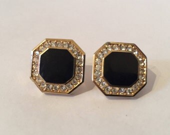 Christian Dior Black Enamel Rhinestone Clip Earrings