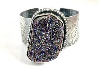 Peacock Druzy Sterling Wide Band Cuff