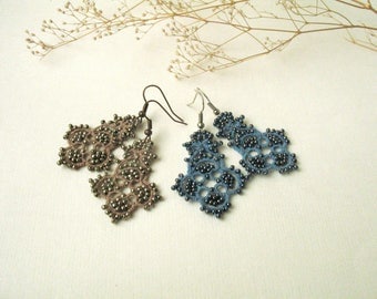 Lightweight earrings Blue Chandelier earrings Brown bronze fancy earrings Tatting jewelry Elegant earrings Bohemian Tatted lace earrings