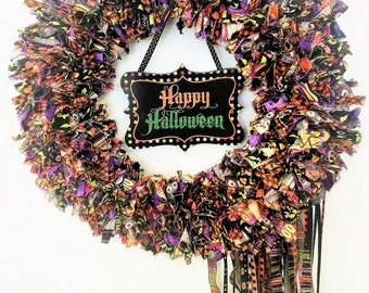 40% OFF HOLIDAY SALE! Halloween Wreath, Door Wreath, Rag Wreath, Fabric Ribbon Wreath, Holiday Wreath, Halloween Décor, Happy Halloween