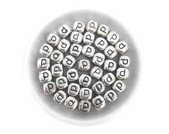 10 Metal letter P, Metal Alphabet Bead, Cube Letter Bead, Silver Alphabet Bead, Personalized Bead, Craft Bead