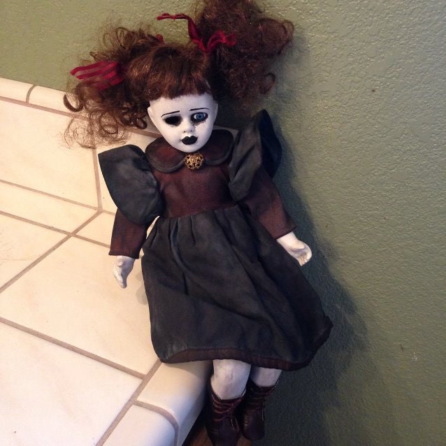 Sitting One Eye Child w Pigtails Creepy Horror Doll by