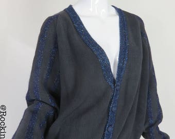 80s Oversized V Neck Button Front Sweater Black Knit Sweater Confetti Blue Stripe Detail Size Medium