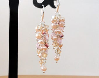 Cascade earrings long pink rose pearl dangle swarovski crystal earrings dangling sparkly rhinestone earrings wedding jewelry crystals gift