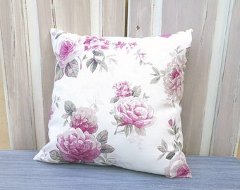 Floral pillow, shabby chic pillow, violet roses flowers cushion, elegant pillow, handmade in Italy pillow, floral white tuscany cushion