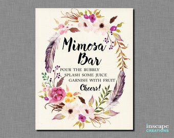 Mimosa Bar Sign Printable, Boho Bridal Shower Mimosa Bar Sign, Bohemian Mimosa Bar Sign, Floral Feathers Elegant Unique Bridal Shower Decor