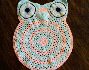 Homemade Crochet Owl Rug: Perfect for Baby Nursery or Kid's Room | Beautiful Seabreeze, Clay & Cotton Candy Colors (29"X23") READY TO SHIP