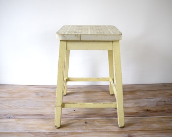 Vintage wooden stool, workshop yellow wood stool, industrial footstool, french vintage wooden stool, square wooden stool old patina