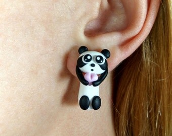 3D earrings Panda jewelry Double sided earrings Ear jackets Animal stud earrings Panda Animal jewelry Cute animals Valentines gifts
