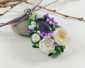 Amethyst pendant Natural pendant Rustic necklace Amethyst necklace Peony jewelry Spring necklace Bohemian necklace Gemstone necklace