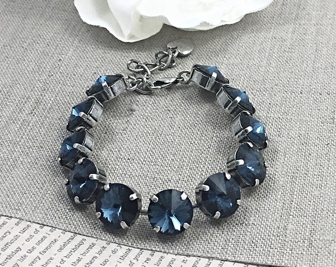 Wedding Jewelry Perfect bridesmaids stunning statement jewelry gift! Adjustable Montana sapphire Blue 12mm Swarovski Crystal bracelet.