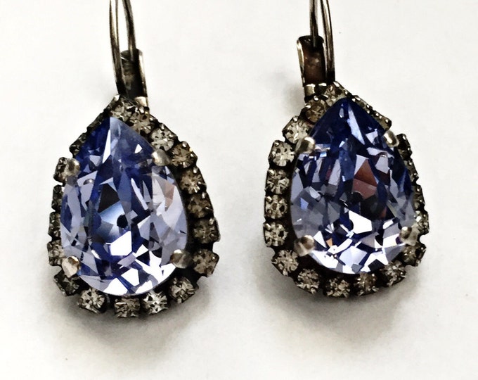 Something blue light sapphire blue Swarovski crystal pear-shaped drop earrings embellished with halos of pave wedding earring for brides