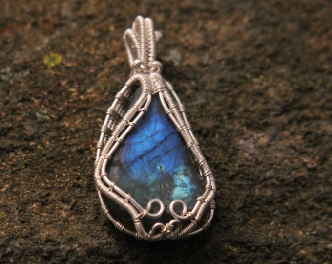 Labradorite Teardrop Pendant with Pure / Fine Silver Wire Wrap, Colorful Natural Blue Wire Weave Stone Necklace, Jewelry Gift for Him or Her