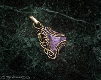 Wire wrapped pendant Brass pendant Fluorite necklace Gothic pendant gold Wire wrap jewelry gift for her OOAK