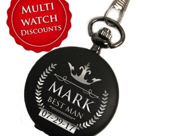 Pocket Watch Engraved, Groomsmen Pocket Watch, Wedding Party Gifts, Personalized Pocket Watch, Mens Pocket Watch, Black Pocket Watch,