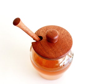 Honey Jar, Honey Dipper, Honey Pot, Wedding Honey Jar, Honey Jar Favors--Glass Jar with Handcrafted Honey Dipper and Lid in Mahogany Wood
