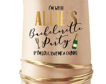 Bachelorette Party tattoos - PERSONALIZED CUSTOMIZED - champagne bottle champagne glass - temporary tattoos gold tattoos bride tribe squad