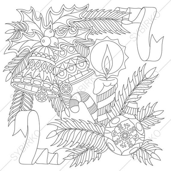 Adult Coloring Page. Christmas Decorations. Zentangle Doodle