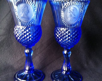 Vintage AVON Fostoria Cobalt Blue Glass Goblets/ Candle holders George & Martha Washington COLLECTIBLE Set of 2