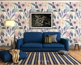 Floral removable wallpaper temporary self adhesive peelable wallcovering with Classic watercolor flowers on paper texture in soft pink CC005