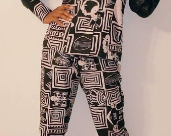 Ensemble veste et pantalon noir et blanc en Wax | All jacket and pants black and white Wax
