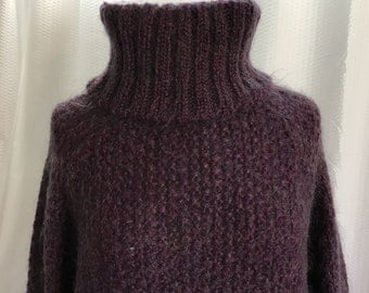 Vintage Mohair Sweater, Size Large Purple Turtle Neck, Long Sweater Dress