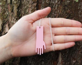 Pale Pink Laser Cut Acrylic Hand Necklace 20" Silver Chain
