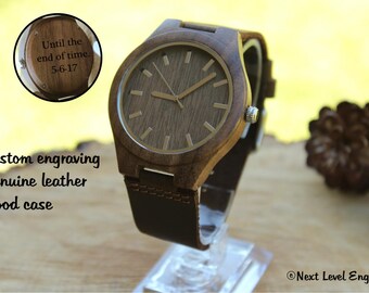 Husband Gift, Gifts for Him, Mens Personalized Leather Watch, Engraved Wood Watches for Men Birthday Gift Wife to Husband, Anniversary Gifts