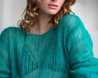 Emerald sweater, Mohair sweater, Sexy sweater, Spring sweater, Casual, Elegant sweater, Handmade sweater, see-through, Bohemian sweater