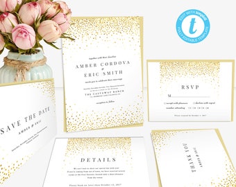 Gold Sequins Wedding Invitation Template, Shimmer Glitter Wedding Suite, Printable Invitation, DIY Wedding Invite with RSVP, Save the Date..
