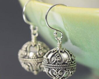 Gifts for her Bali earrings round sterling silver earrings dangle earrings