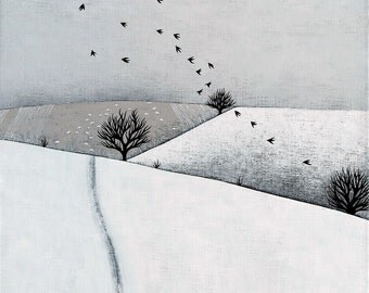 Snowy Landscape with Sheep and Birds - 8x8 Art Print - Hygge Winter Painting - by Natasha Newton