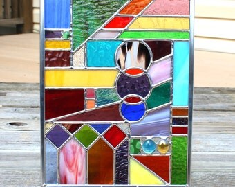 Multicolored Geometric Stained Glass Panel