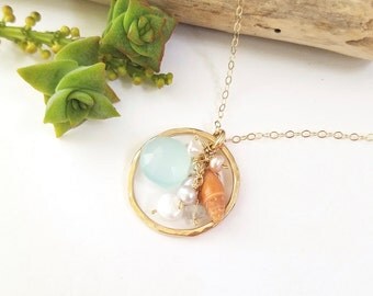 Gold Shell Necklace made in Hawaii by Tidepools Jewelry - Beachy shell jewelry. Hawaiian shell jewelry, beach wedding jewelry, Tide pools