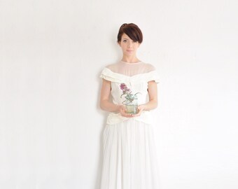 1930 sheer illusion wedding gown . structured gossamer crepe bridal dress .medium .sale