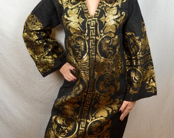 Vintage GreekWoven Metallic Folk Caftan Embroidered Black and Gold Hippie WOW Dress