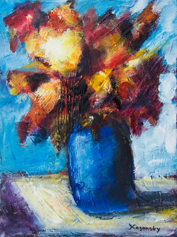 Abstract Flowers in Blue Vase original acrylic painting still