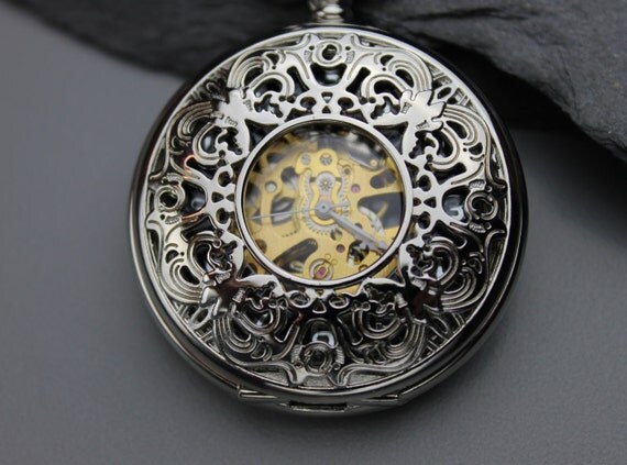 Silver Pocket Watch - Mechanical Pocket Watch - Pocket Watch Chain - Engravable - Victorian Steampunk - Groomsmen Gift - Item MPW31 by ArtInspiredGifts steampunk buy now online