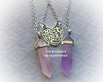 Best Friends Crystal necklaces, friendship necklace set 1.5” crystal, 23mm charm (silver tone)
