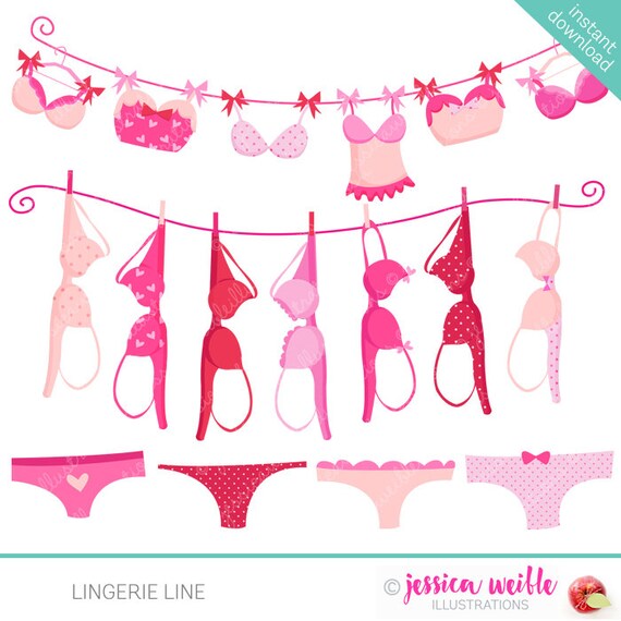Lingerie Line Cute Digital Clipart - Commercial Use OK - Bras on Clothesline, Breast Cancer Awareness Graphics Il_570xn