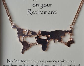 retirement gift, world map necklace for retirement gift, retirement world map necklace, retiree gift, map necklace black gold silver, rose