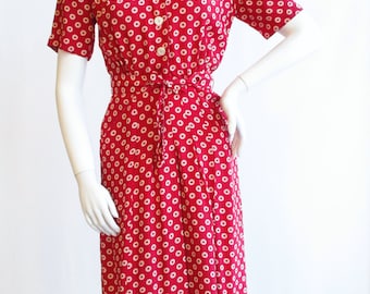 Early 1940s "Reliance" Red and Ivory Circle Print dress Waist 26"