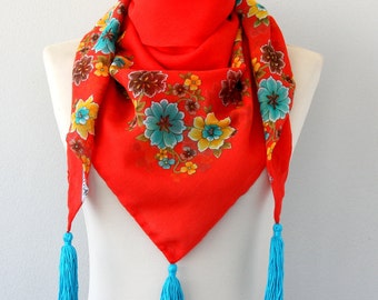 Boho tassel scarf red Turkish scarf floral scarf cotton yemeni scarf bohemian scarf summer scarves shawl mothers day gift for her