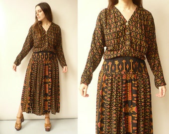 Vintage 90's Bohemian Patchwork Ikat Pattern Grunge Maxi Dress Size Medium