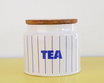 Hornsea Tea Storage Jar, Vintage Hornsea Pottery, Blue and White Striped Tea Jar, Ceramic Storage Jar with Wooden Lid, Hornsea Pottery
